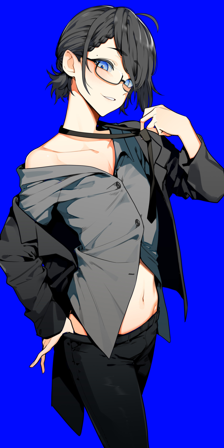 1boy, absurdres, androgynous, bangs, black-framed_eyewear, black_hair, black_jacket, black_necktie