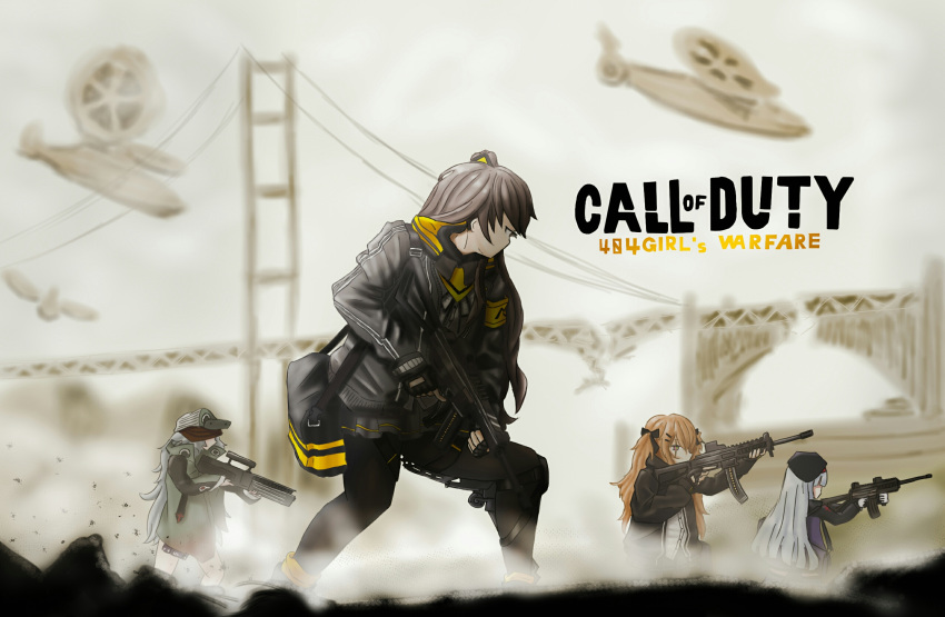 404_(girls'_frontline), 4girls, artist_request, assault_rifle, beret, brown_hair, call_of_duty, call_of_duty:_advanced_warfare