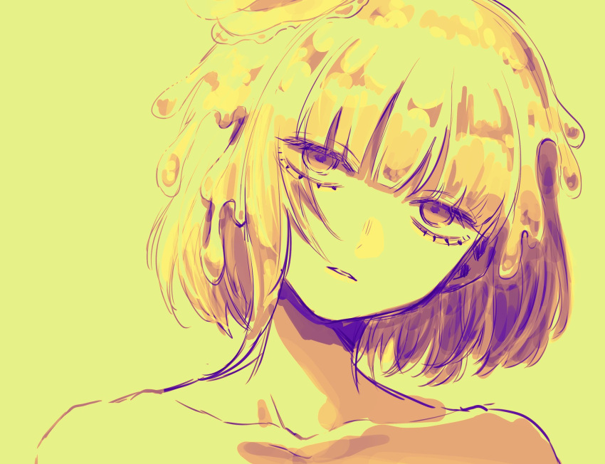 alternate_color, annoyed, bare_shoulders, collarbone, food, food_on_head, highres, kimi_ga_shine