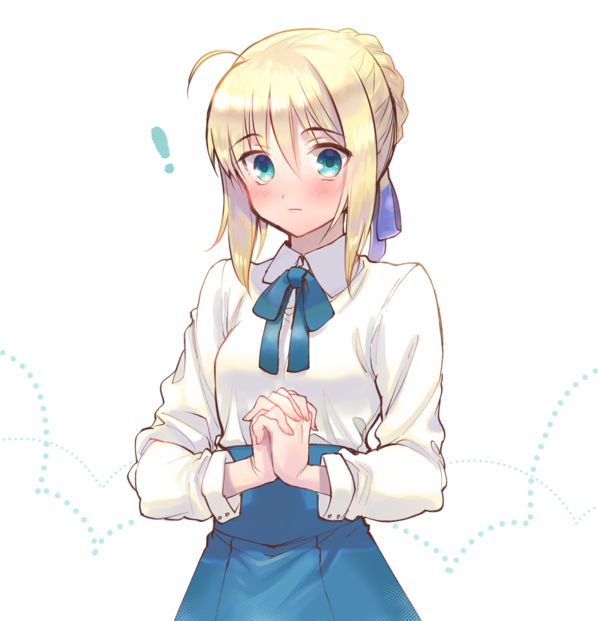 !, 1girl, ahoge, artoria_pendragon_(fate), blonde_hair, blouse, blue_eyes, blue_ribbon, blue_skirt, blush, bow, bowtie, braid, fate/stay_night, fate_(series), french_braid, hair_between_eyes, hair_ribbon, high-waist_skirt, highres, jun_(spitfire), ribbon, saber, skirt, solo, white_background, white_blouse