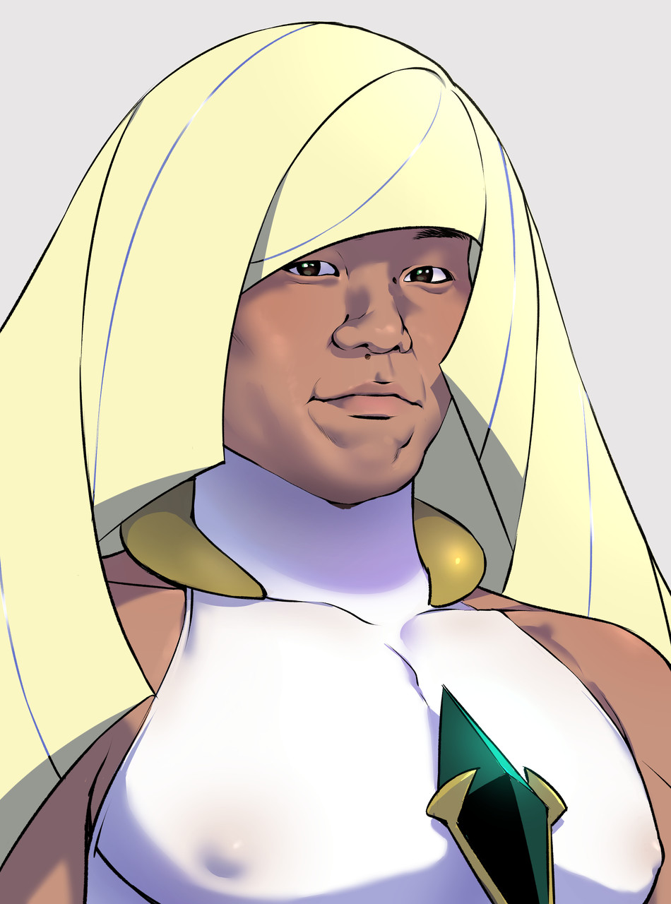 1boy, blonde_hair, brown_eyes, closed_mouth, covered_nipples, dark-skinned_male, dark_skin, dress