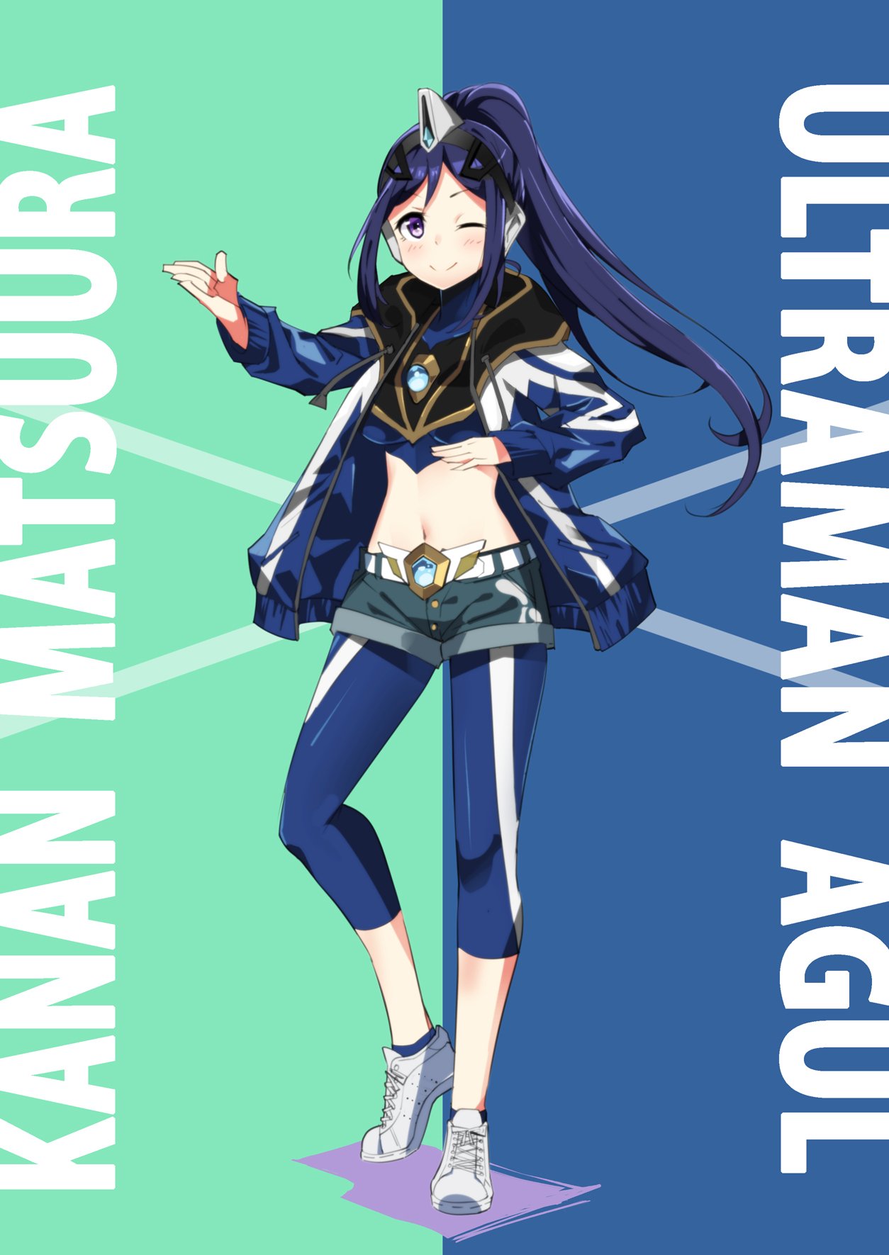 1girl, bangs, belt, blue_background, blue_hair, blue_legwear, blush, breasts