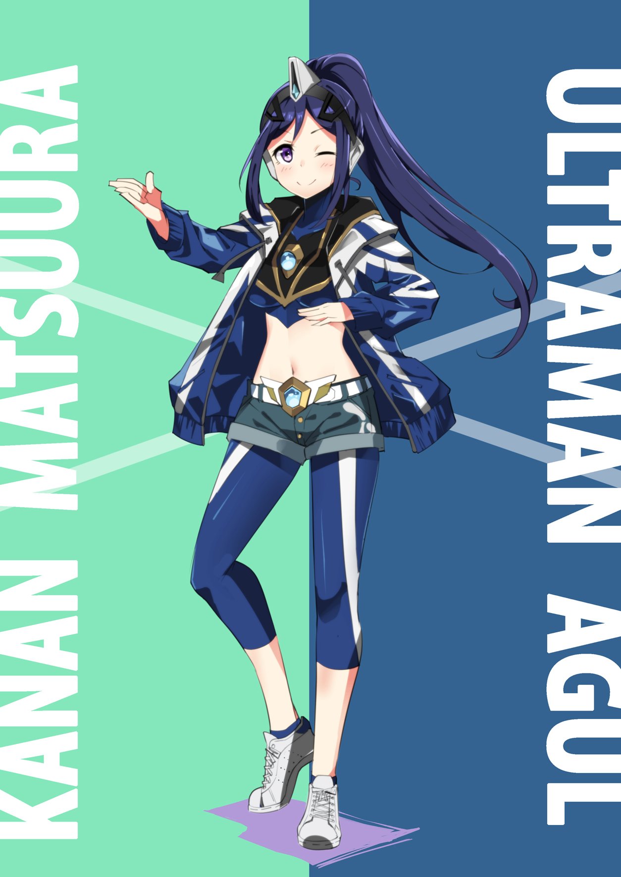 1girl, bangs, belt, blue_background, blue_hair, blue_legwear, blush, breasts