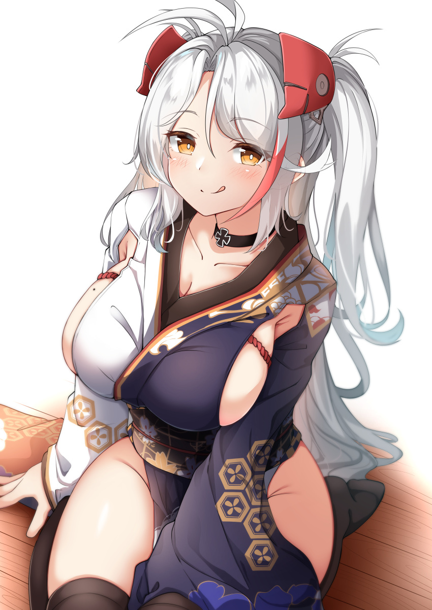 1girl, absurdres, antenna_hair, azur_lane, black_choker, black_kimono, black_legwear, blush