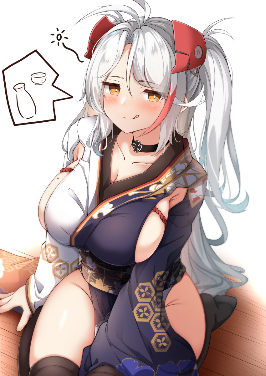 1girl, absurdres, antenna_hair, azur_lane, black_choker, black_kimono, black_legwear, blush