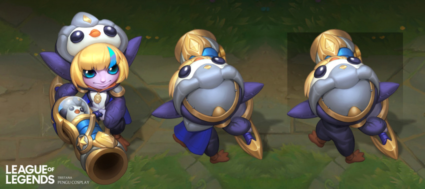 1girl, bangs, blonde_hair, blue_cape, cape, character_name, closed_mouth, colored_skin