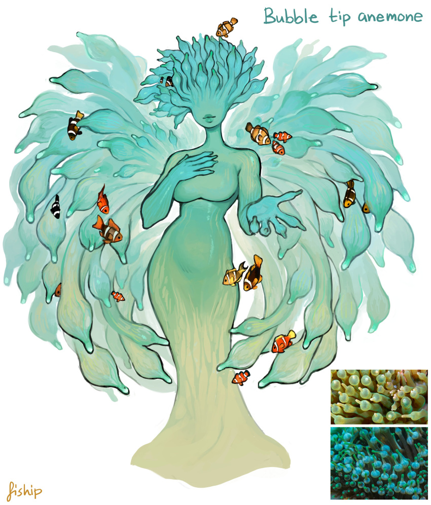 1girl, absurdres, blue_skin, breasts, closed_mouth, clownfish, colored_skin, facing_viewer, fish, gradient_skin, green_lips, green_skin, highres, large_breasts, lipstick, makeup, matilda_fiship, monster_girl, no_eyes, no_legs, original, plant_girl, sea_anemone, tentacle_hair, wings