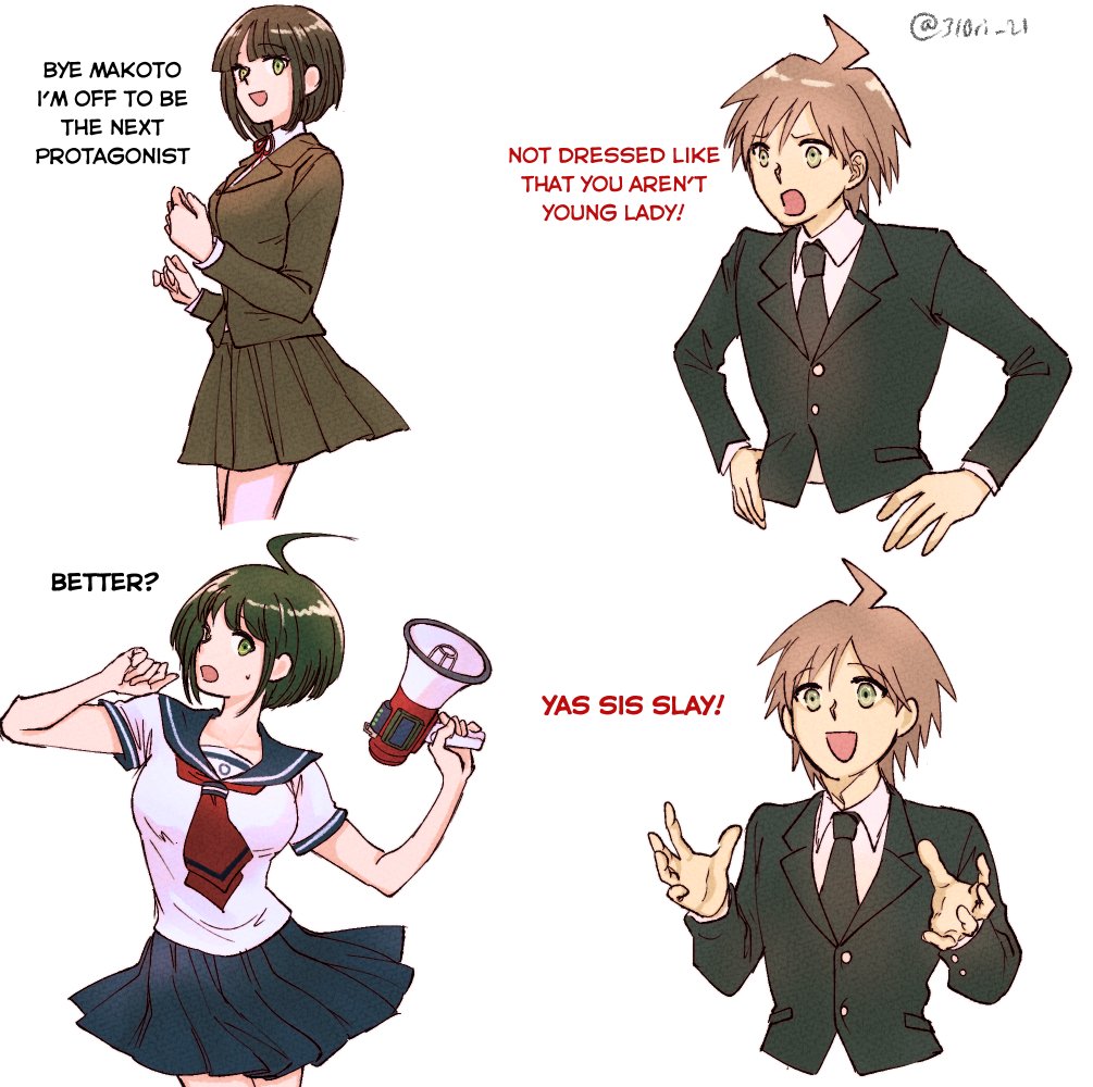 1boy, 1girl, ahoge, bangs, black_jacket, black_necktie, black_sailor_collar, black_skirt