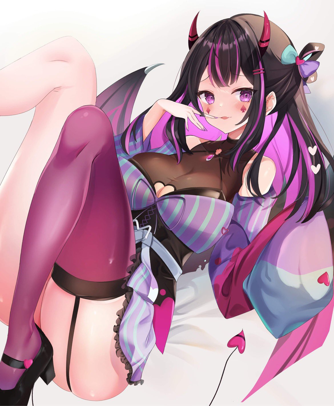 1girl, ace_of_spades, asymmetrical_legwear, black_hair, breasts, demon_girl, demon_horns, demon_tail