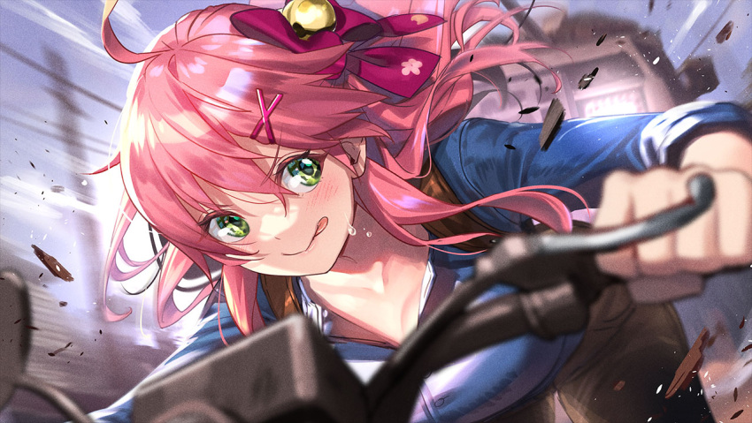 1girl, :p, ahoge, bangs, bell, blue_shirt, blush, bow