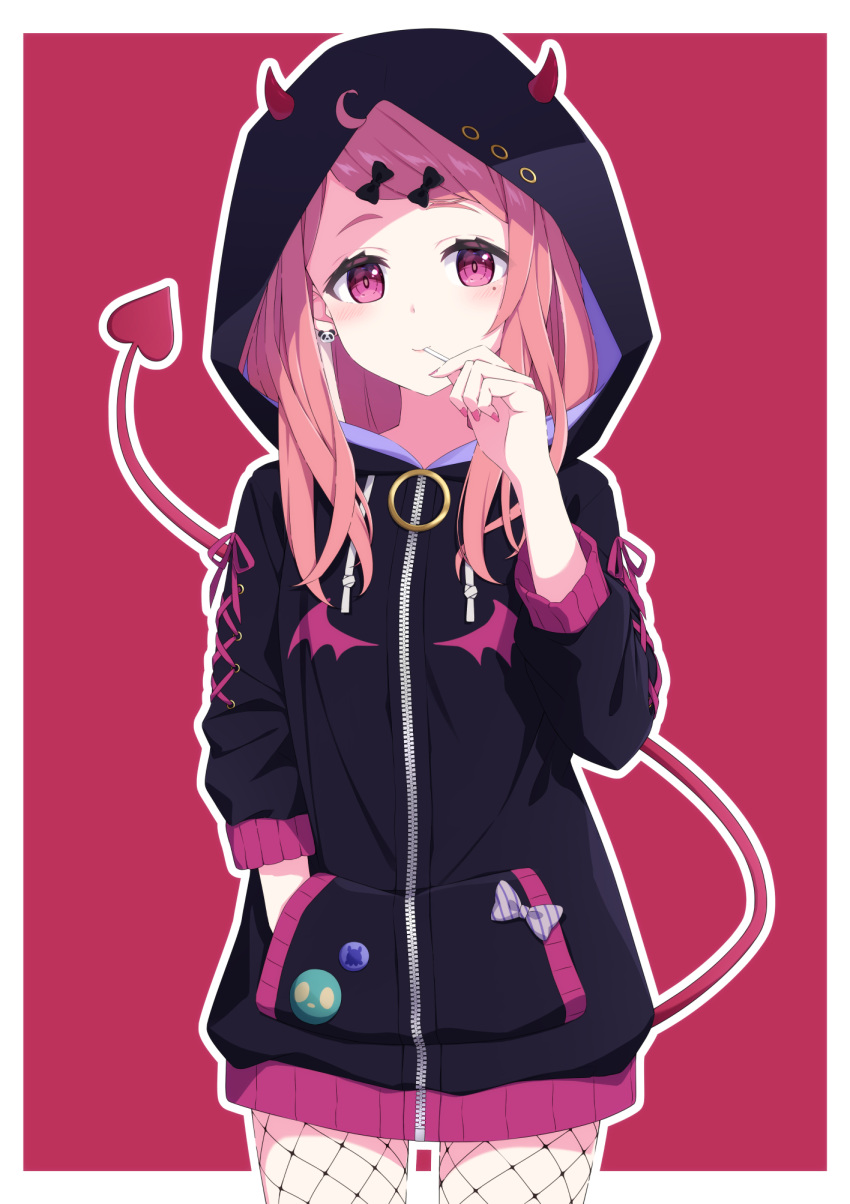 1girl, aoi_thomas, bangs, black_bow, black_jacket, bow, candy, closed_mouth, commentary_request, demon_hood, demon_horns, demon_tail, earrings, fake_horns, fishnet_legwear, fishnets, food, food_in_mouth, hair_bow, hand_in_pocket, highres, hood, hood_up, hooded_jacket, horns, jacket, jewelry, lollipop, long_sleeves, looking_at_viewer, nail_polish, nijisanji, outline, panda_earrings, pantyhose, pink_hair, purple_nails, red_background, sasaki_saku, smile, solo, swept_bangs, tail, tail_raised, violet_eyes, virtual_youtuber, white_outline
