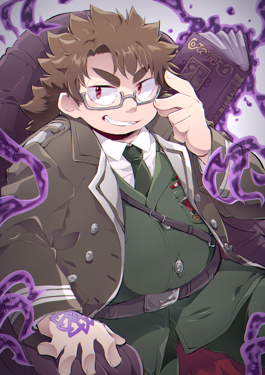 1boy, absurdres, boku002, book, brown_hair, formal, glasses, green_necktie