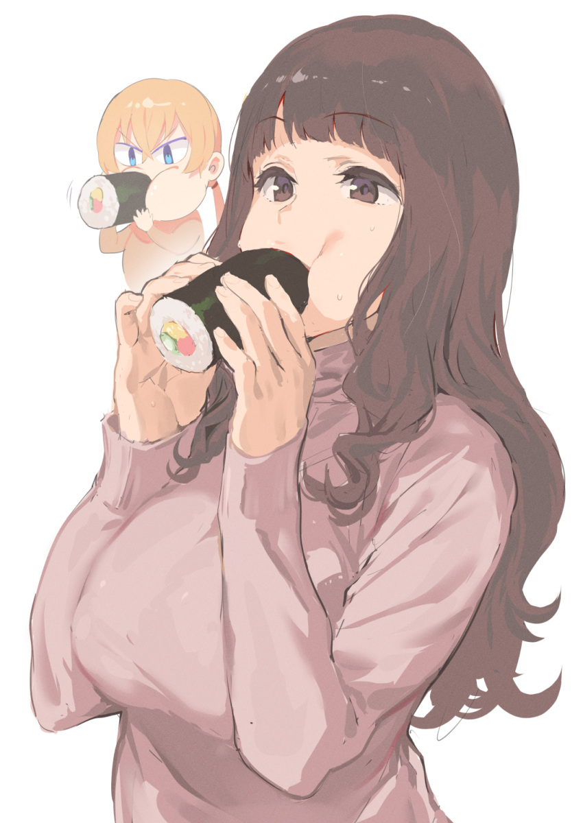 2girls, blonde_hair, blue_eyes, breasts, brown_eyes, brown_hair, cheek_bulge, chibi, eating, ehoumaki, eyebrows_visible_through_hair, food, hands_up, highres, hinnyuu-chan_(iku), ikuchan_kaoru, kyonyuu-chan_(iku), large_breasts, long_sleeves, makizushi, multiple_girls, original, pink_sweater, simple_background, solo_focus, sushi, sweater, twintails, white_background