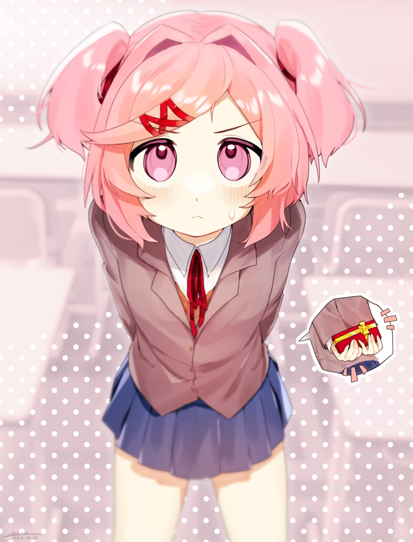 1girl, arms_behind_back, behind_back, blazer, blue_skirt, blush, brown_jacket, chair