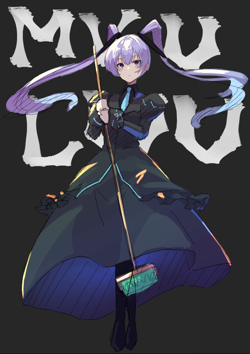 1girl, bangs, black_footwear, black_shirt, blue_necktie, broom, collared_shirt, copyright_name