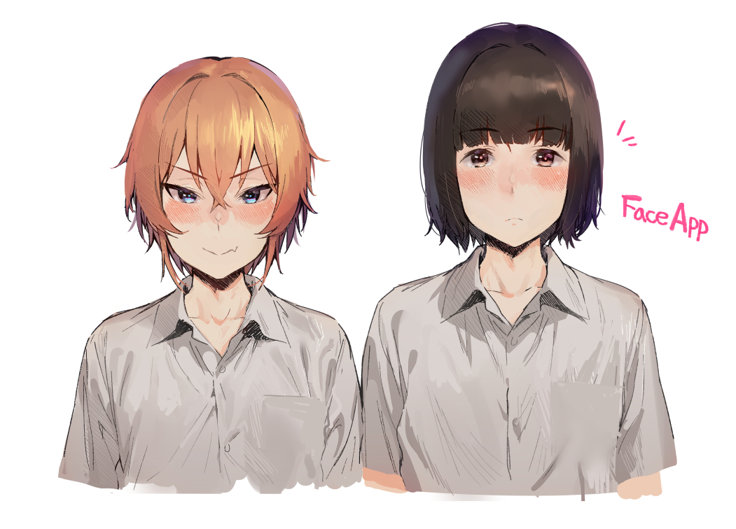 2boys, blonde_hair, blush, brown_eyes, brown_hair, closed_mouth, collared_shirt, fang
