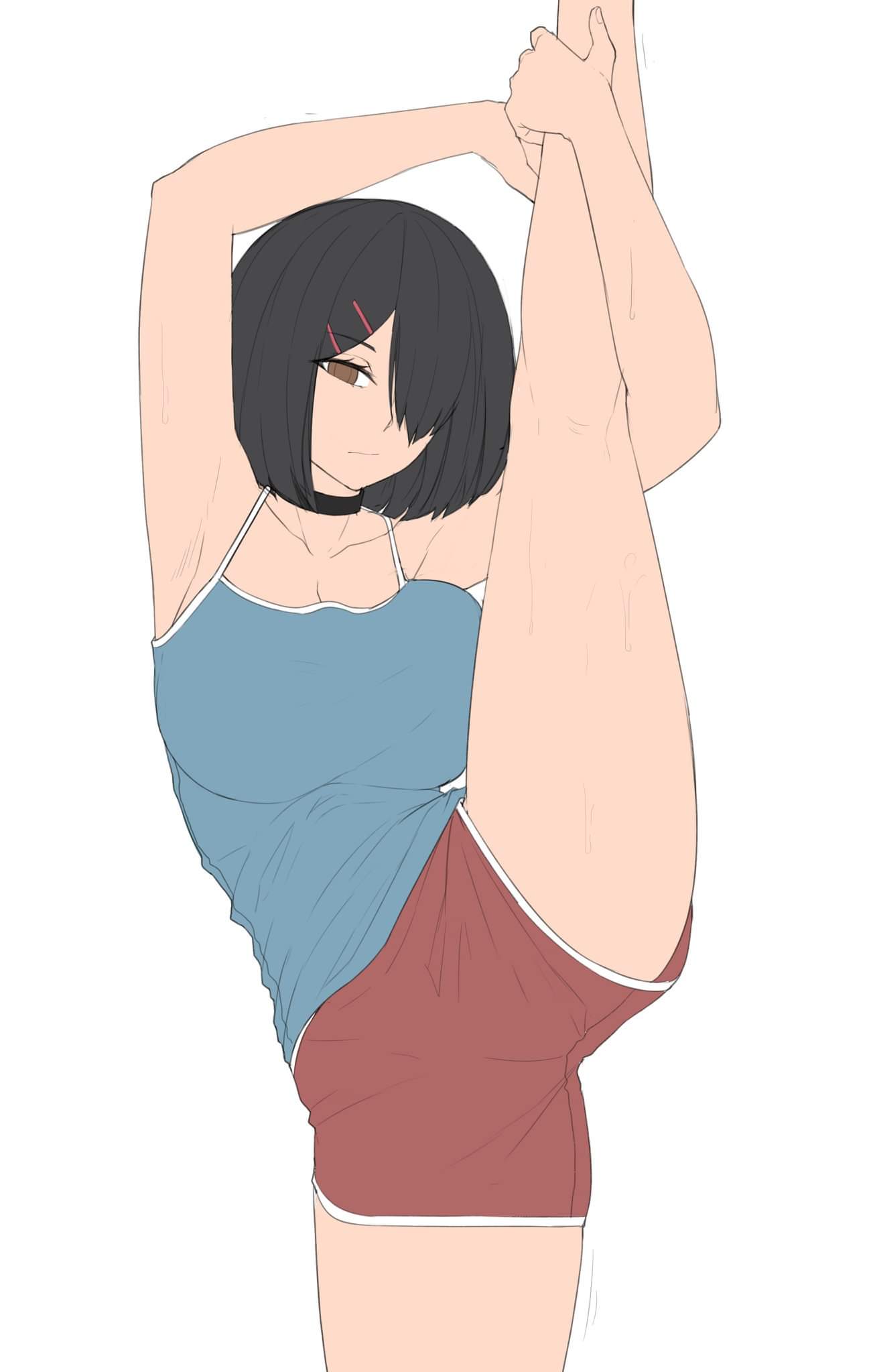 1girl, black_choker, black_hair, blue_tank_top, breasts, brown_eyes, choker, collarbone