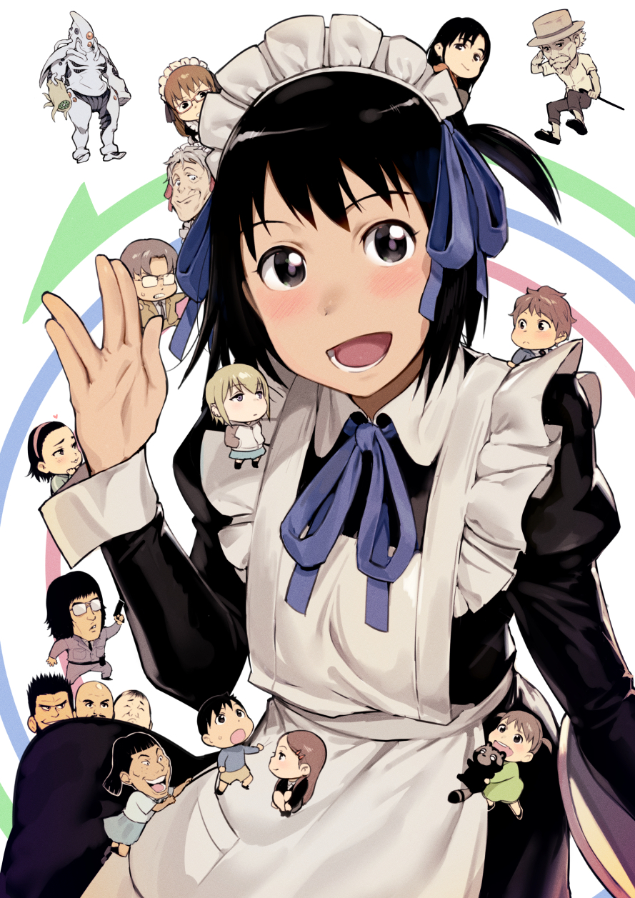 1girl, :d, apron, arashiyama_hotori, arashiyama_takeru, arashiyama_yukiko, black_eyes, black_hair