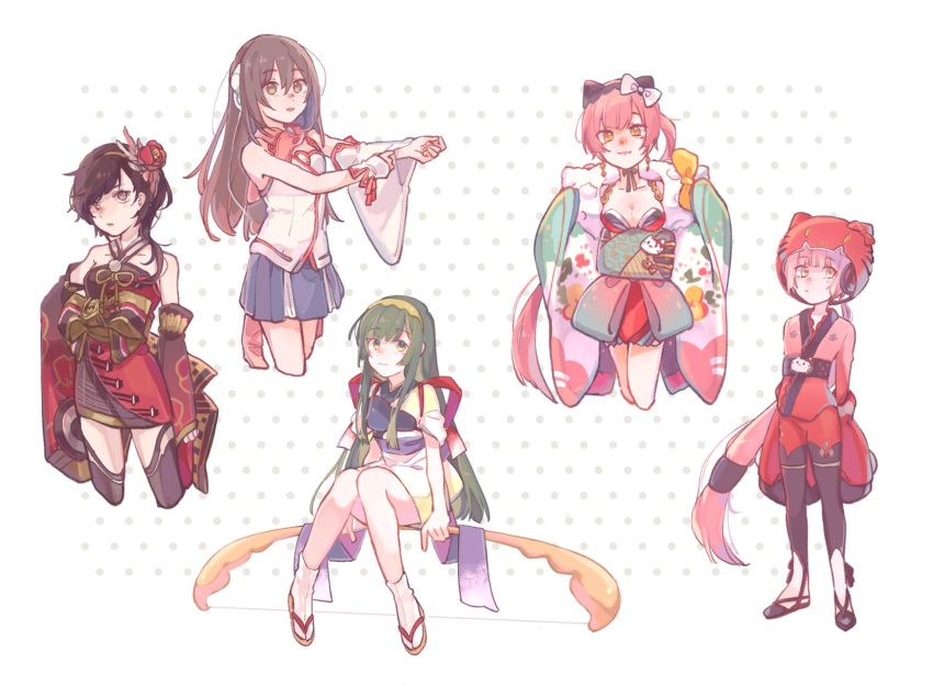 5girls, :3, arm_armor, asymmetrical_sleeves, black_legwear, black_pants, blue_skirt, bow, bow_(weapon), bowtie, brown_eyes, brown_hair, cat_helmet, commentary, cowboy_shot, cropped_legs, dark_green_hair, detached_sleeves, dual_persona, expressionless, floral_print, flower, full_body, hair_bow, hair_flower, hair_ornament, hairband, headphones, hello_kitty, highres, japanese_clothes, kimono, kokone_(vocaloid), light_smile, long_hair, looking_at_viewer, medium_hair, mi_no_take, miniskirt, multicolored_clothes, multicolored_kimono, multiple_girls, muneate, nekomura_iroha, nekomura_iroha_(vocaloid4), obi, open_mouth, pants, pink_hair, pink_scarf, ponytail, red_flower, red_headwear, red_kimono, red_pants, red_ribbon, ribbon, sachiko_(vocaloid), sandals, sash, scarf, single_detached_sleeve, single_sidelock, single_wrist_cuff, sitting, skirt, smile, standing, tabi, thigh-highs, touhoku_zunko, trait_connection, very_long_hair, vocaloid, voiceroid, weapon, white_background, white_bow, white_bowtie, white_kimono, white_sleeves, wide_sleeves, wrist_cuffs, yellow_eyes