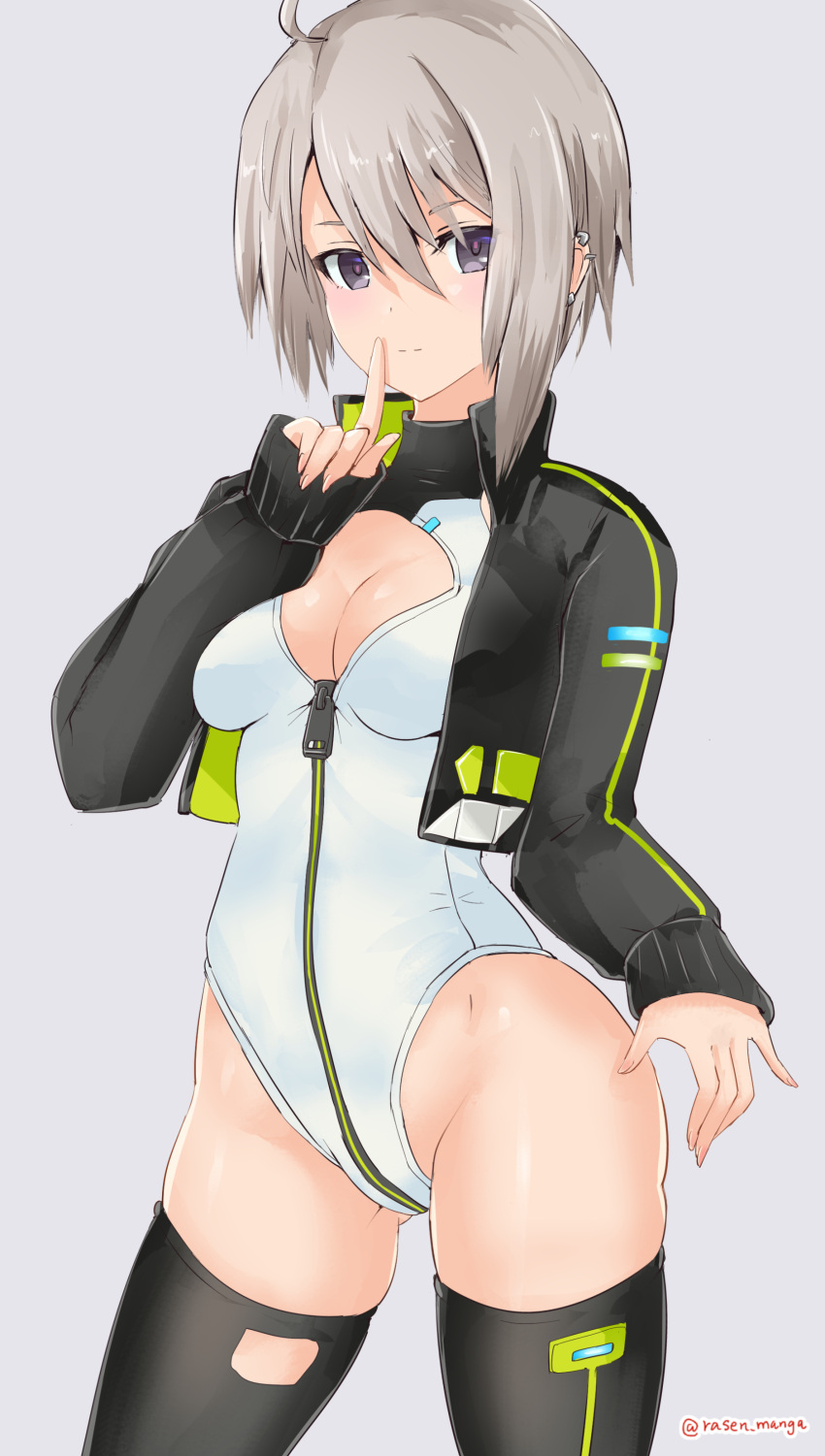1girl, absurdres, ahoge, alice_gear_aegis, black_hair, black_jacket, black_legwear, booth_babe