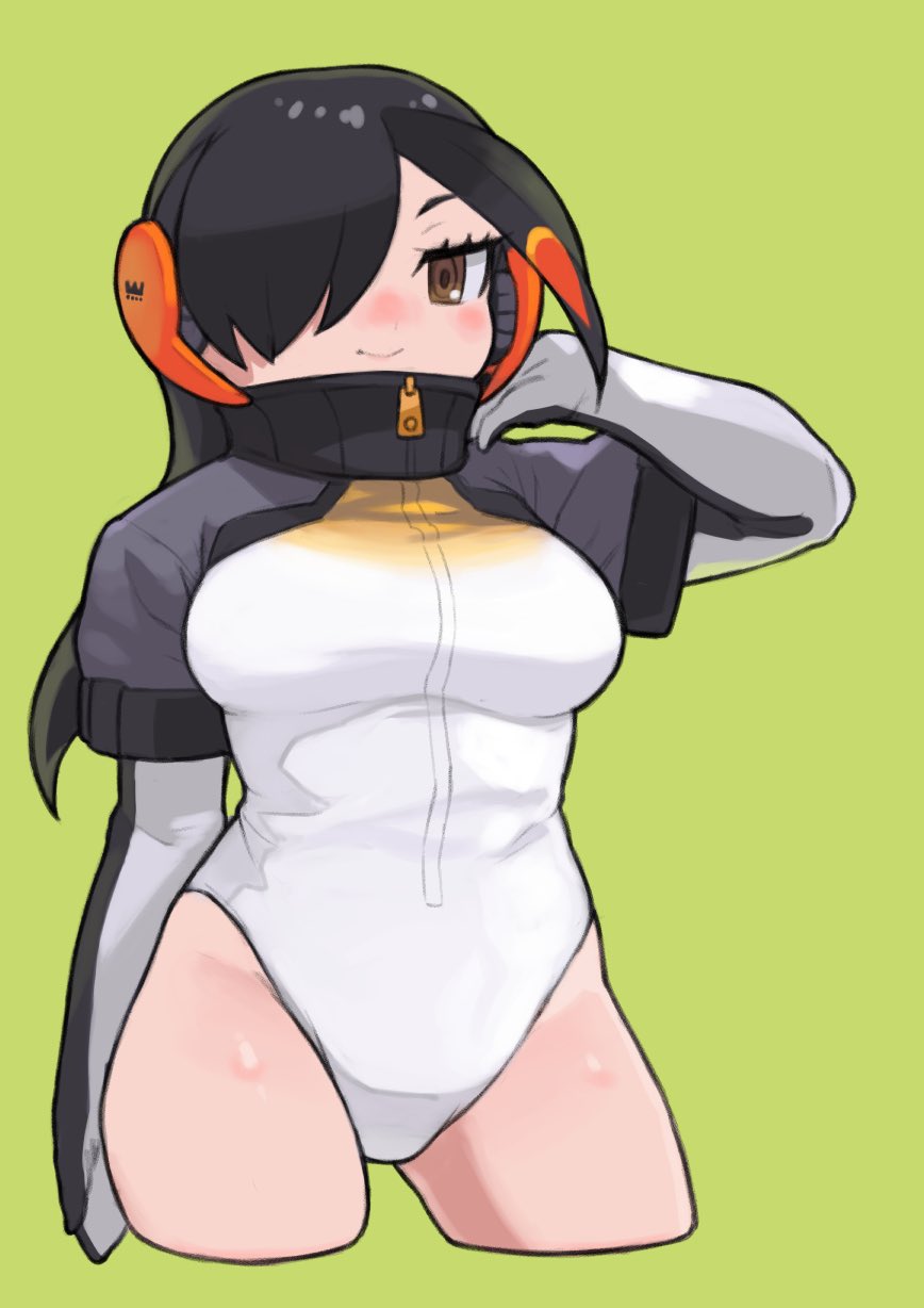 1girl, black_hair, blush, brown_eyes, commentary_request, eyebrows_visible_through_hair, grey_jacket, hair_over_one_eye