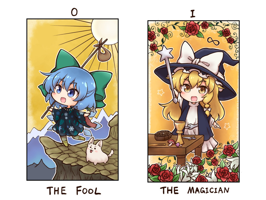 2girls, alternate_costume, blonde_hair, blue_eyes, blue_hair, bow, braid, chibi