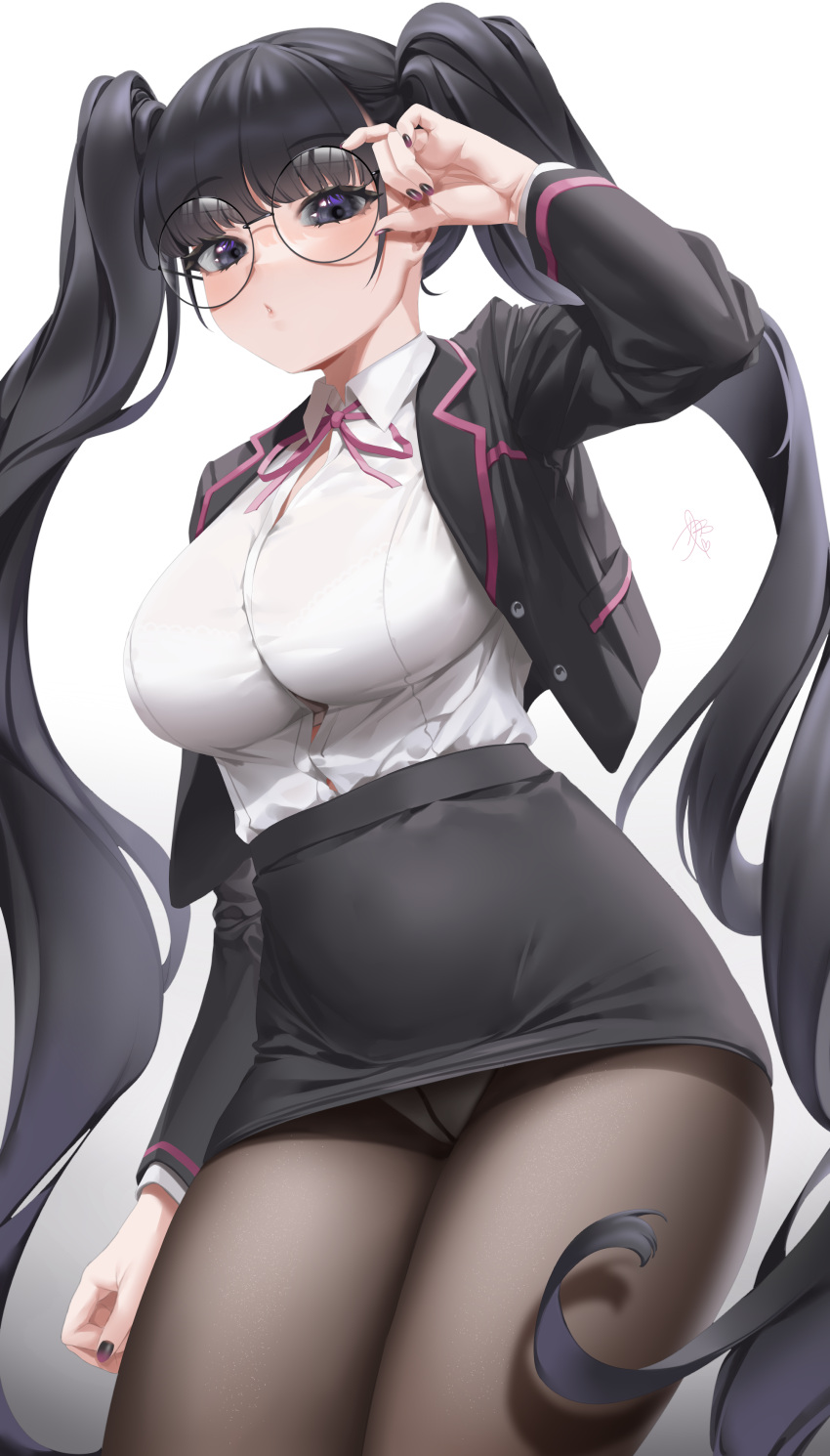 1girl, absurdres, adjusting_eyewear, bangs, black_eyes, black_hair, black_jacket, black_legwear