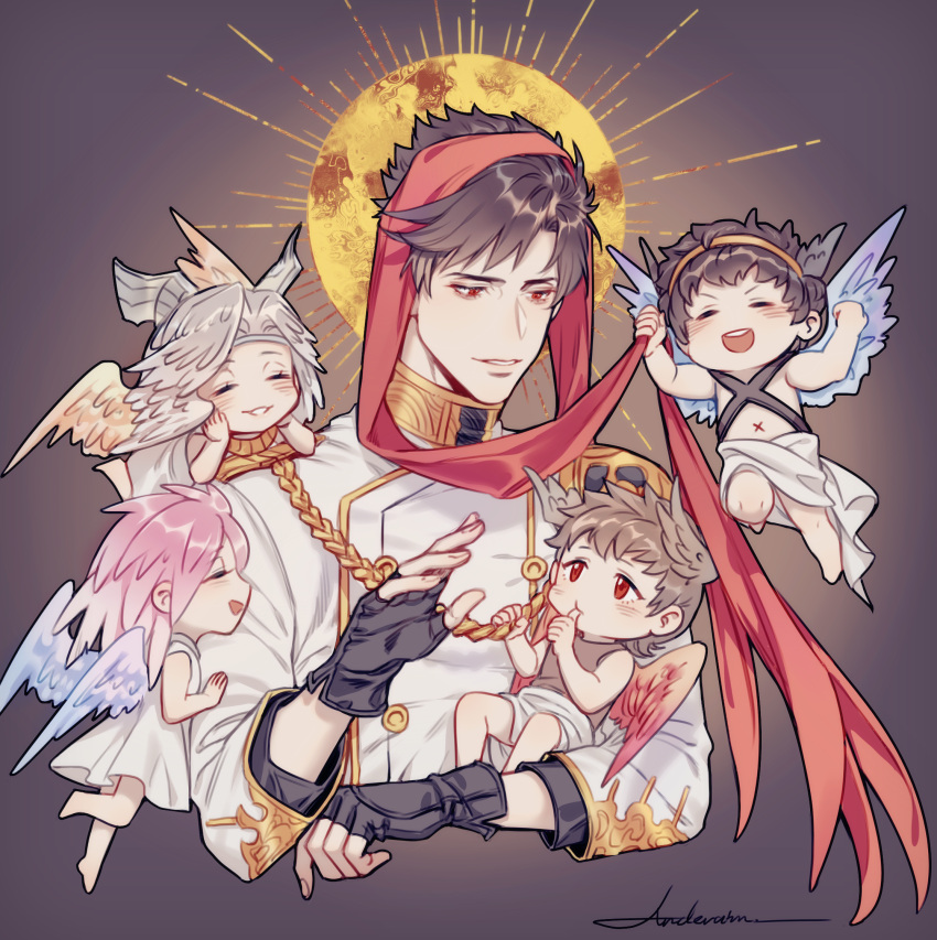 2girls, 3boys, anderain, artist_name, baby, baby_carry, bangs, belial_(granblue_fantasy)