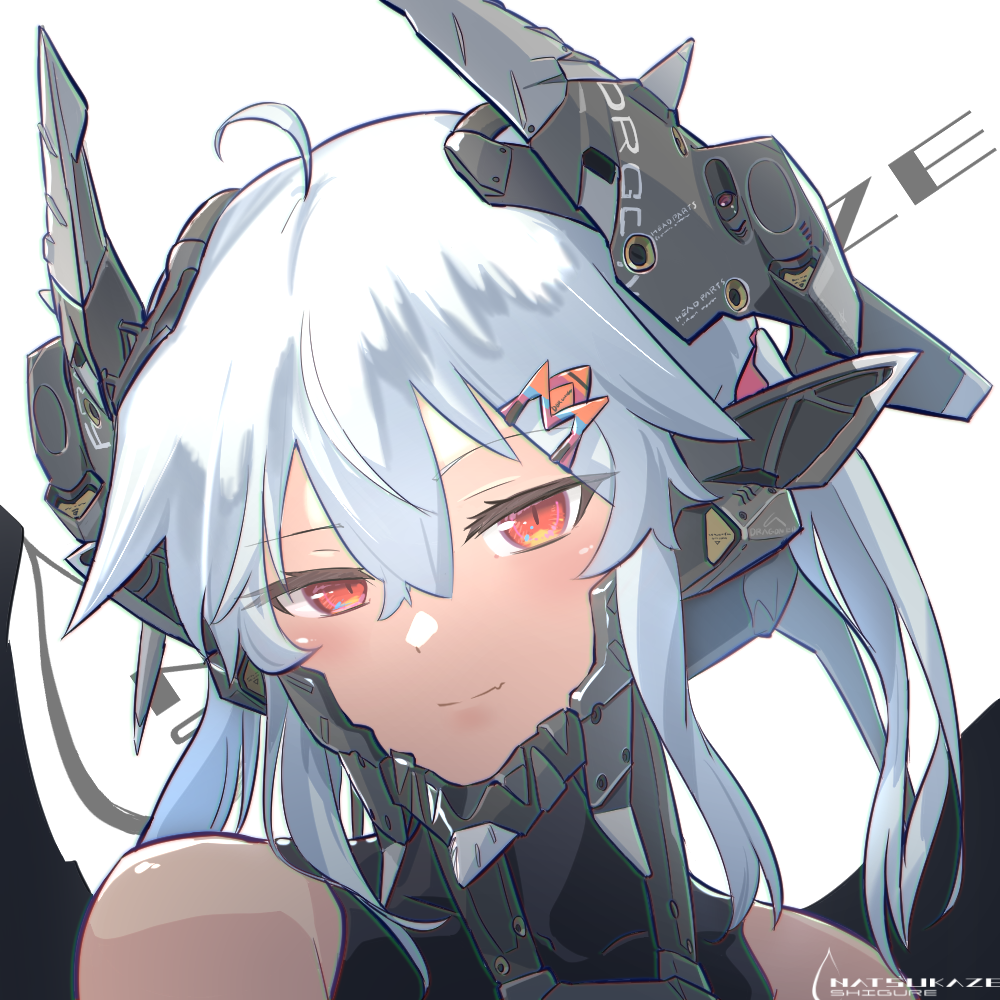 1girl, ahoge, bare_shoulders, chin_guard, closed_mouth, collarbone, commentary_request, fang
