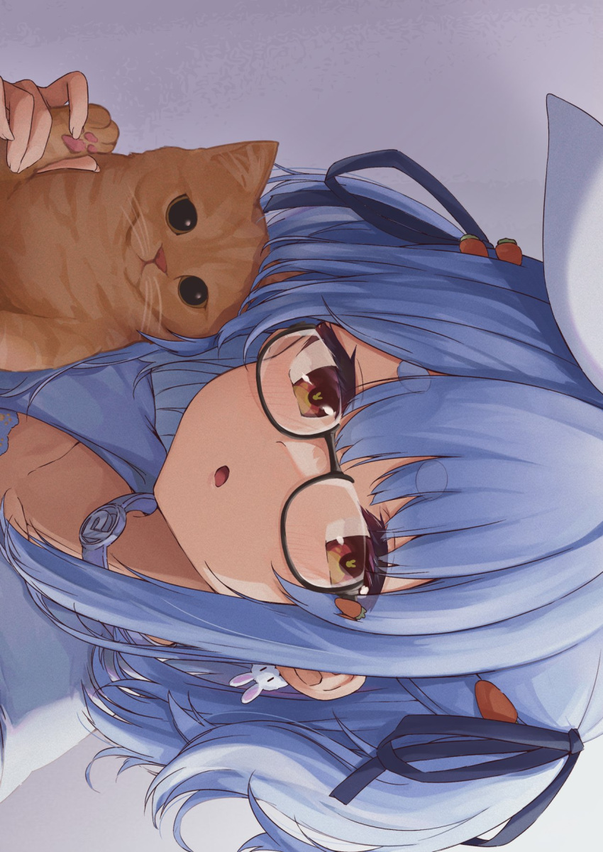 1girl, bangs, blue_hair, blue_ribbon, bunny-shaped_pupils, carrot_hair_ornament, cat, choker