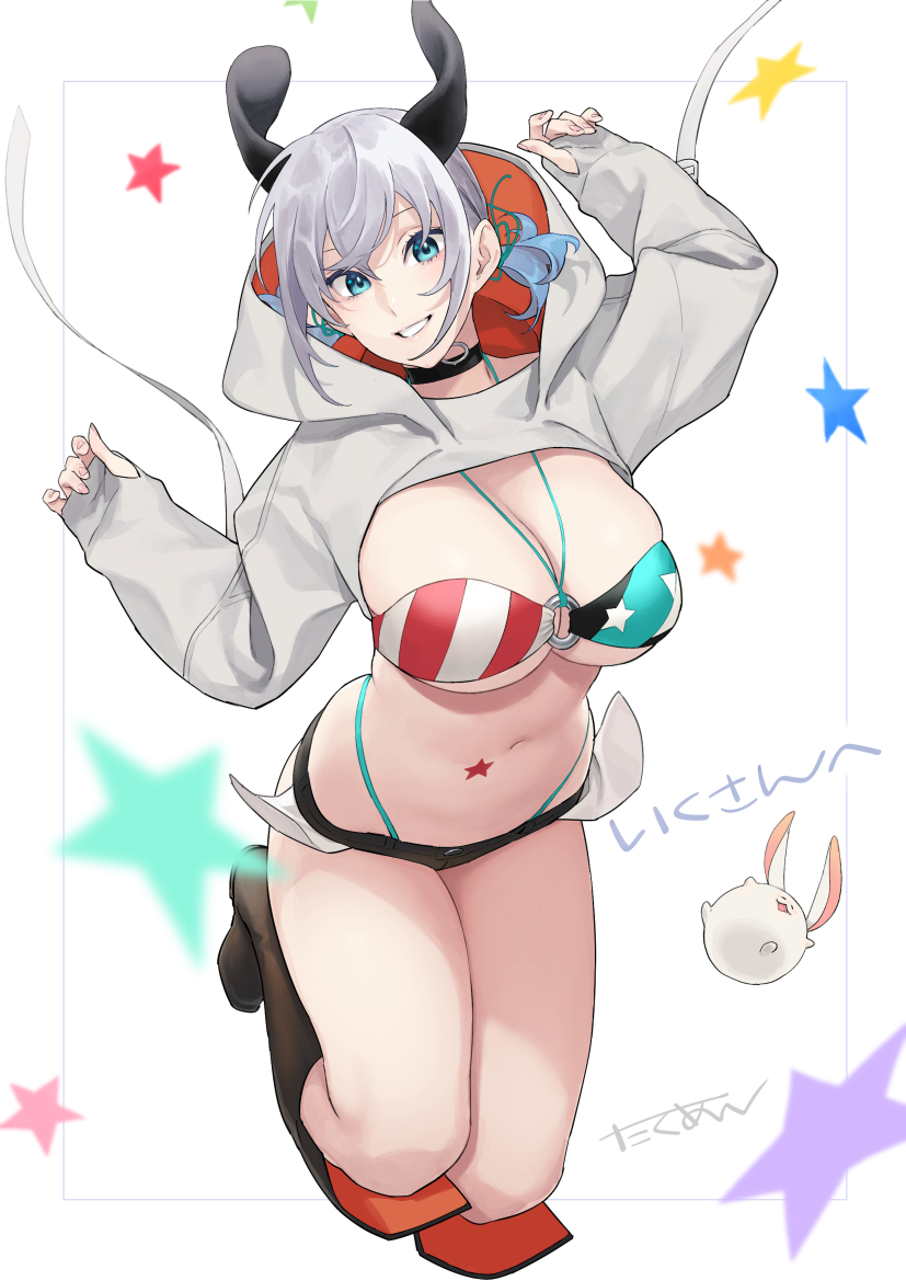 1girl, animal_ears, bikini, black_choker, black_footwear, black_shorts, blue_eyes, breasts