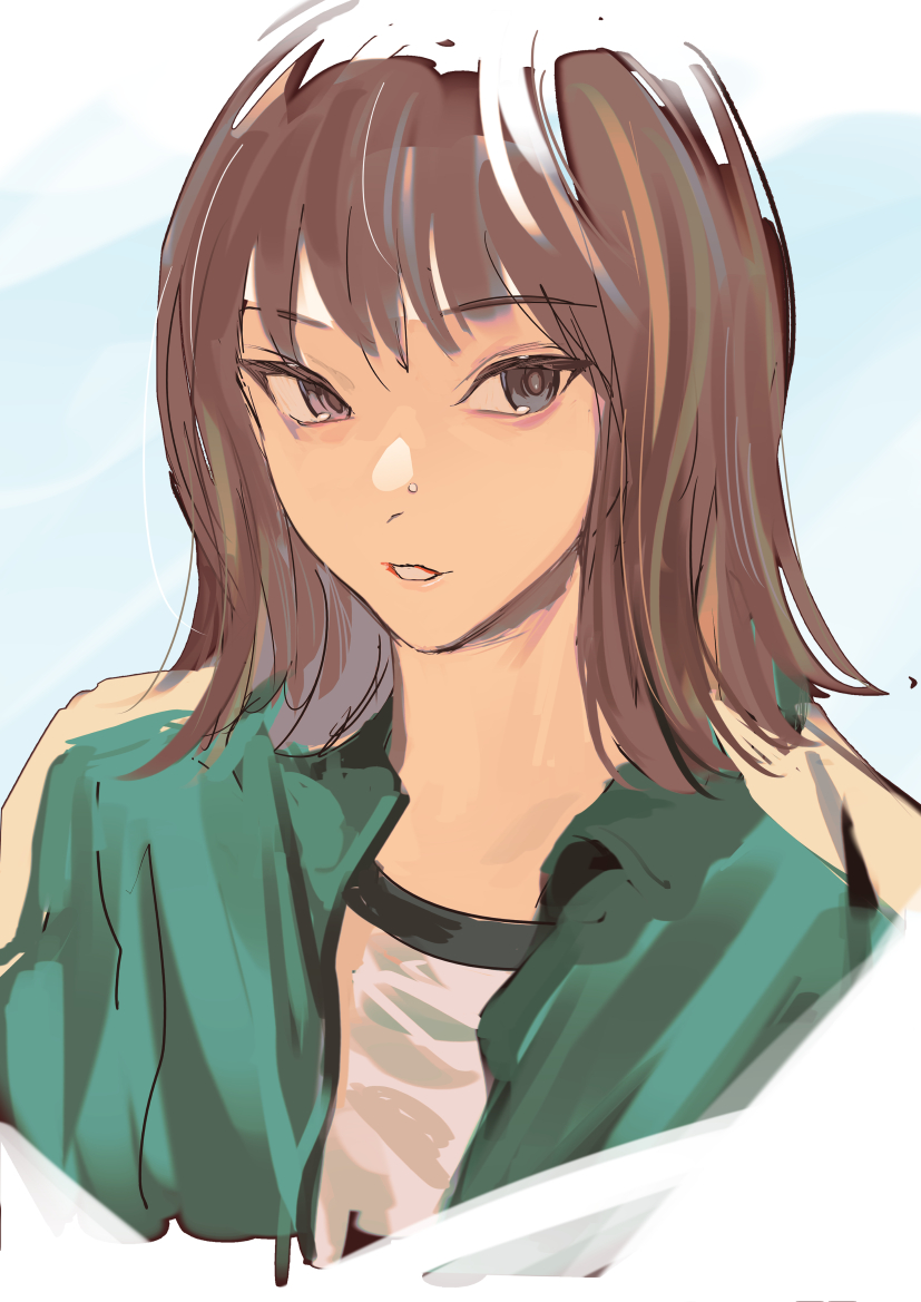1girl, black_eyes, brown_hair, green_jacket, ikuchan_kaoru, jacket, ji-yeong, ji_yeong