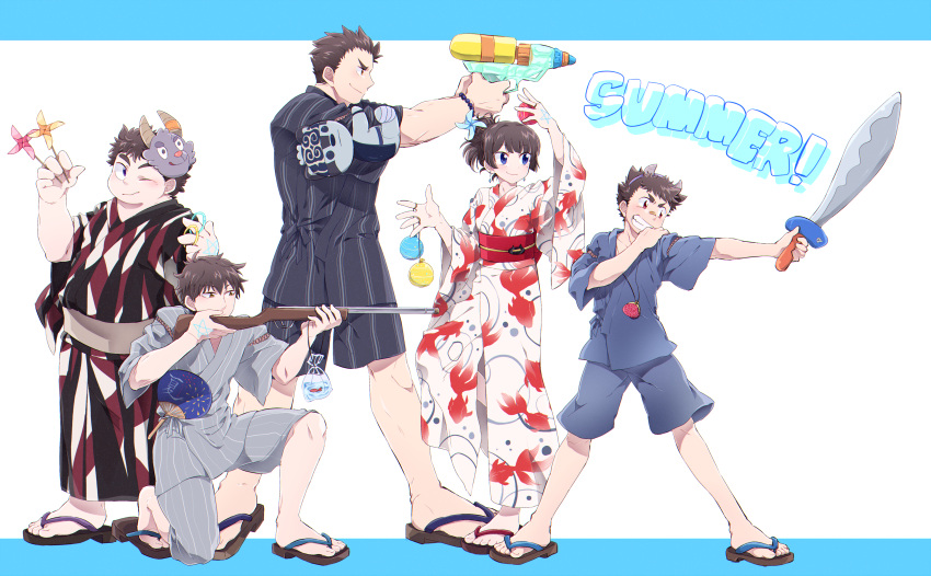 absurdres, animal_print, bag, bagged_fish, blue_eyes, boku002, brown_eyes, brown_hair