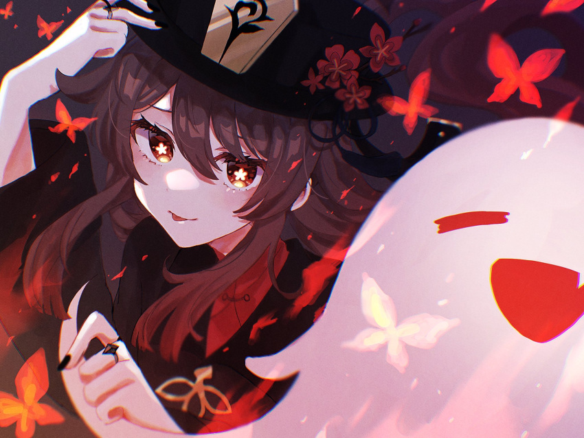 1girl, :p, black_nails, black_shirt, brown_hair, bug, butterfly, chromatic_aberration