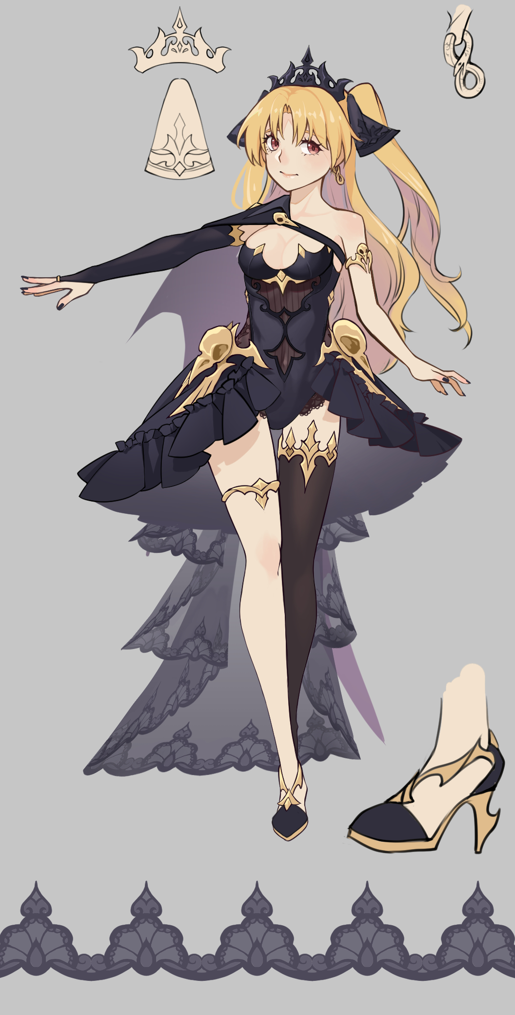 1girl, alternate_costume, asymmetrical_clothes, asymmetrical_legwear, black_dress, black_nails, blonde_hair, character_sheet