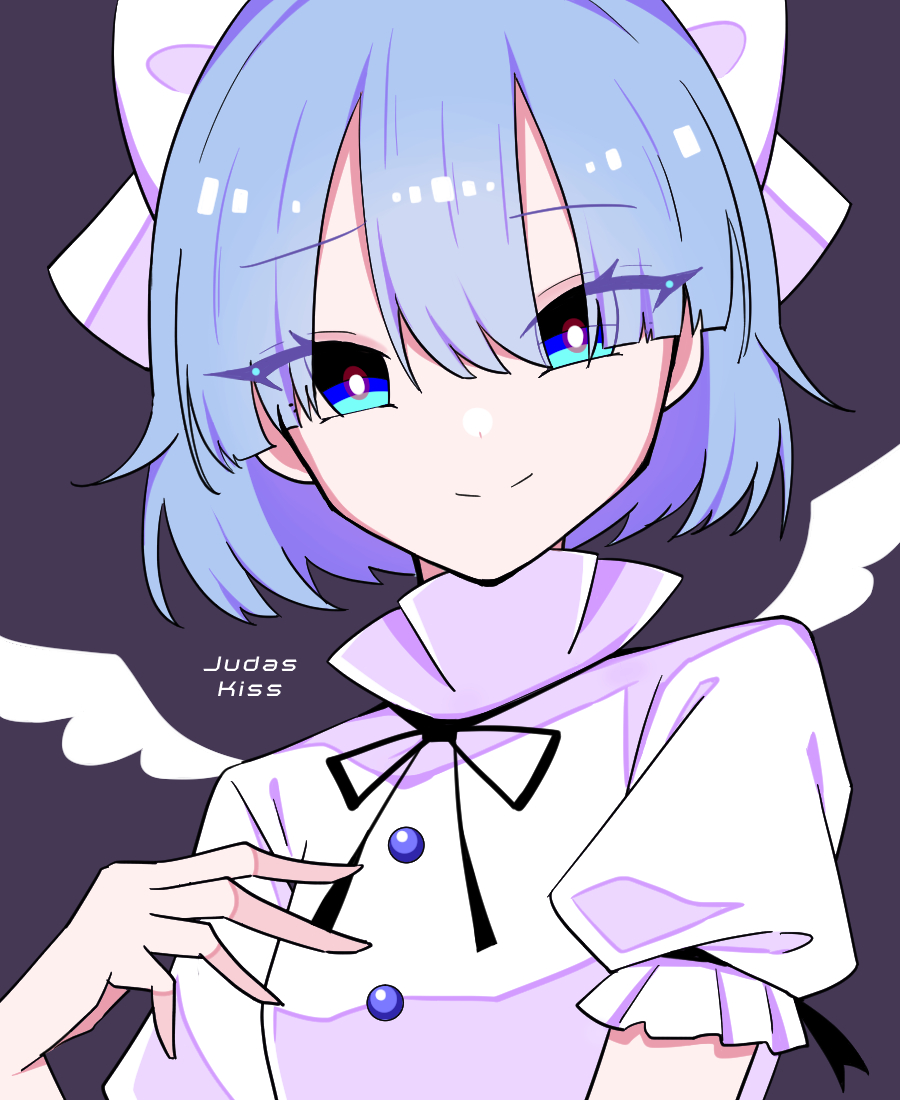 1girl, angel_wings, black_ribbon, blouse, blue_eyes, blue_hair, bow, breasts