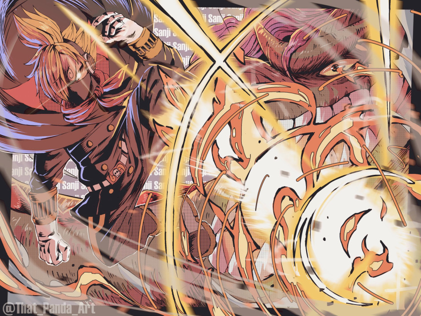 1boy, black_cape, blonde_hair, buttons, cape, diable_jambe, dinosaur, duel