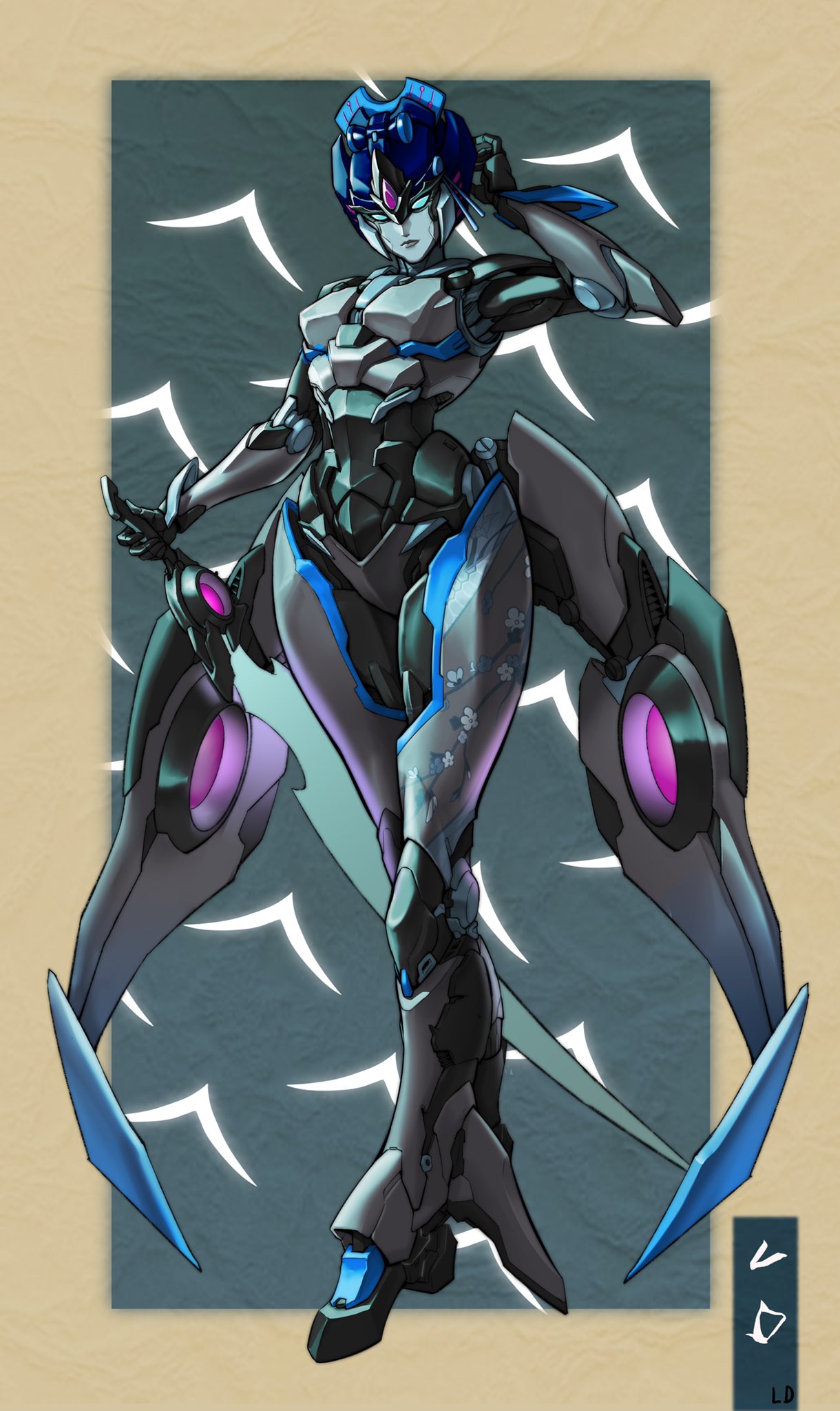 1girl, autobot, blue_eyes, ct990413, dark_persona, energy_sword, hand_on_head, head_tilt