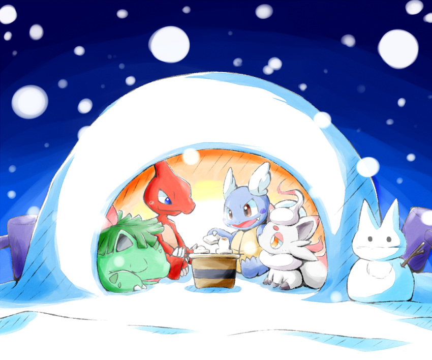 blue_eyes, brown_eyes, charmeleon, claws, commentary_request, fangs, hisuian_zorua, igloo