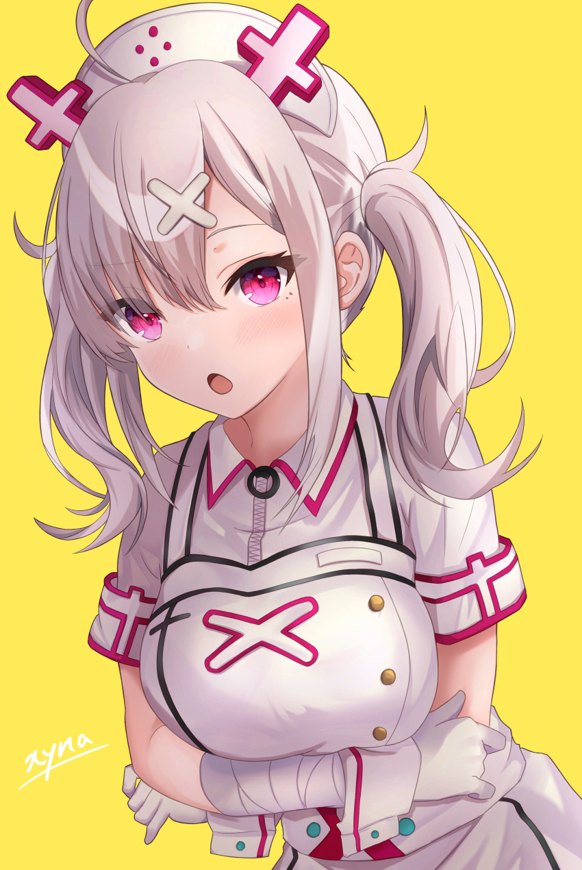 1girl, :o, absurdres, ahoge, arms_under_breasts, azara_xyna, bandaged_arm, bandages, bangs, breasts, collared_shirt, gloves, grey_hair, hair_ornament, hat, highres, large_breasts, looking_at_viewer, mole, mole_under_eye, nijisanji, nurse, nurse_cap, open_mouth, pink_eyes, shirt, short_hair, short_sleeves, signature, simple_background, solo, sukoya_kana, twintails, upper_body, virtual_youtuber, white_gloves, white_headwear, white_shirt, wrist_cuffs, x, x_hair_ornament, yellow_background