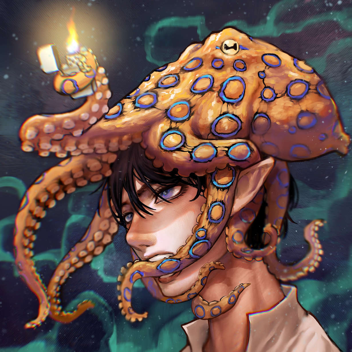 1boy, bangs, bishounen, biting, black_hair, blue_eyes, collared_shirt, highres, holding, holding_lighter, jack1002, lighter, looking_away, male_focus, octopus, original, pointy_ears, portrait, shadow, shirt, short_hair, solo, tentacles, white_shirt