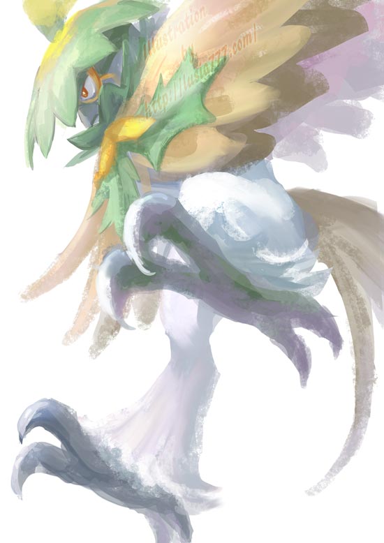 animal_focus, beak, bird, bright_pupils, closed_mouth, commentary_request, decidueye, from_below