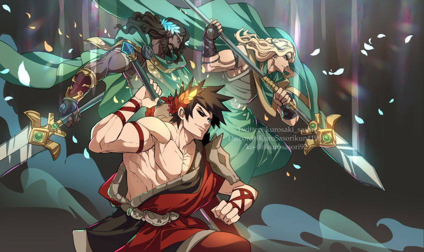 3boys, achilles_(hades), beard, black_hair, black_sclera, blonde_hair, brown_eyes, cape, colored_sclera, dark-skinned_male, dark_skin, facial_hair, greek_clothes, green_eyes, hades_(game), heterochromia, highres, kurosaki_sasori, laurel_crown, long_hair, male_focus, mismatched_sclera, multiple_boys, muscular, muscular_male, patroclus_(hades), petals, polearm, red_eyes, single_bare_shoulder, skull, smile, spear, sword, twitter_username, weapon, zagreus_(hades)
