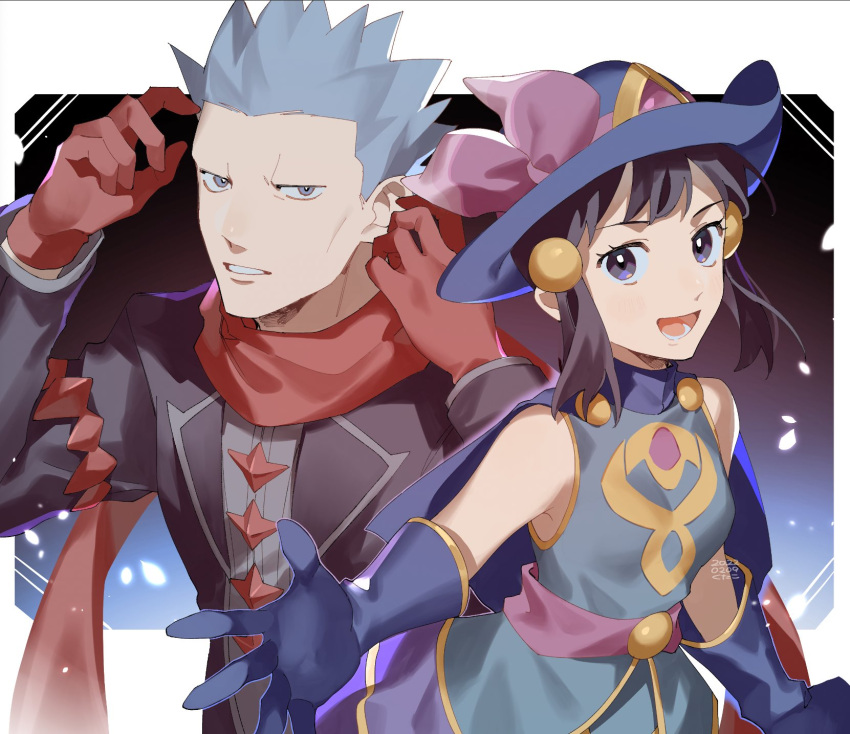 1boy, 1girl, bright_pupils, commentary_request, cyrus_(pokemon), dated, dress, eyelashes