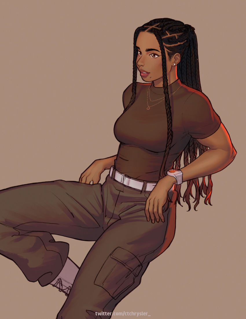1girl, annie_mei_project, belt, boots, breasts, brown_background, brown_eyes, brown_pants