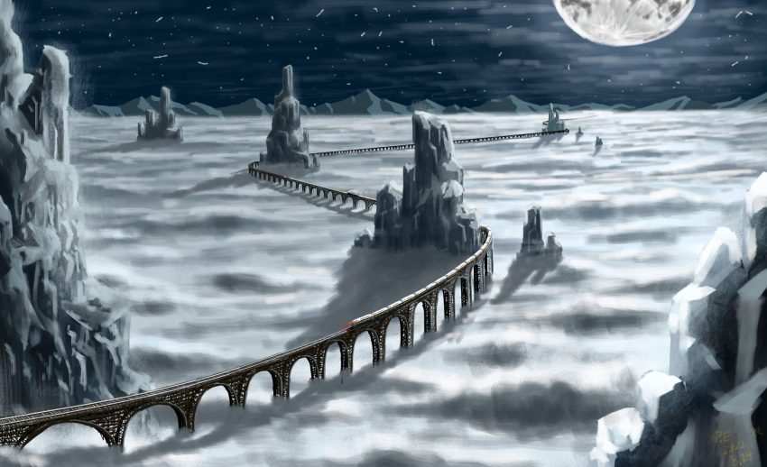 bridge, burobu-kun, christmas, clouds, commentary_request, fantasy, full_moon, ground_vehicle, highres, locomotive, moon, mountain, night, night_sky, no_humans, original, outdoors, scenery, sky, smoke, star_(sky), starry_sky, steam_locomotive, train