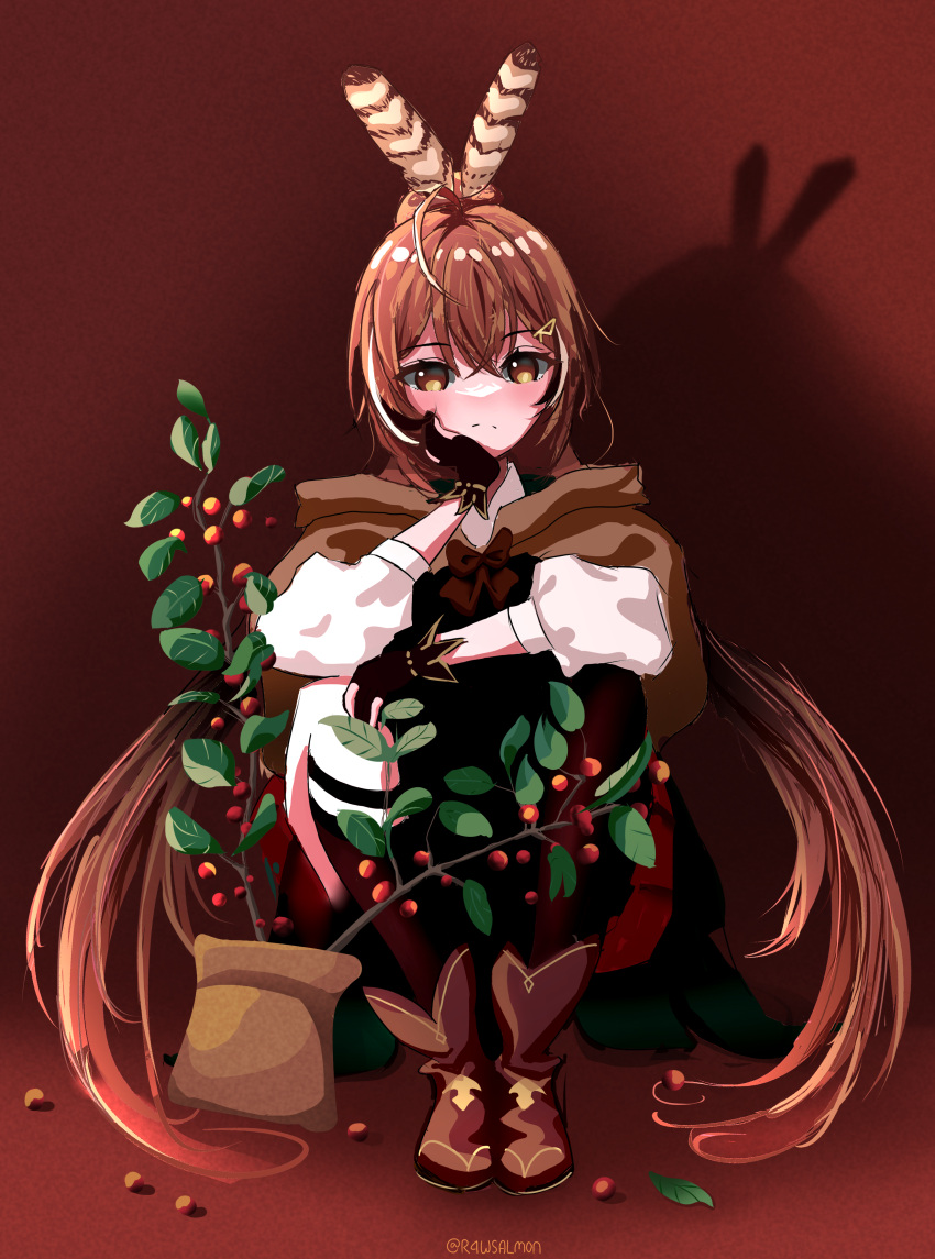 1girl, absurdres, bangs, berry_(pokemon), blush, boots, brown_capelet, brown_cloak, brown_eyes, brown_hair, cape, capelet, cloak, feather_hair_ornament, feathers, frown, gloves, hair_ornament, hand_on_own_face, highres, hololive, hololive_english, long_hair, looking_at_viewer, nanashi_mumei, partially_fingerless_gloves, plant, ponytail, potted_plant, rawsalmon, red_skirt, ribbon, shadow, shirt, skirt, solo, thigh-highs, thigh_strap, virtual_youtuber, white_shirt