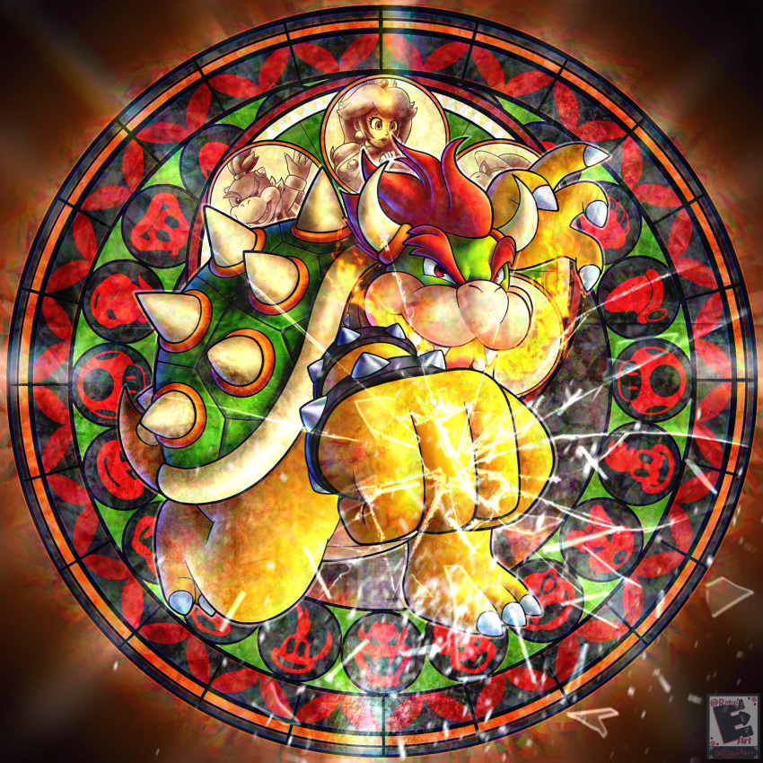 1boy, amyroser, artist_name, bowser, bowser_jr., broken_glass, clenched_hand, crossover, dive_to_the_heart, english_commentary, fire, glass, goomba, highres, kamek, kingdom_hearts, no_humans, parody, princess_peach, redhead, shattered, shell, smile, solo, spikes, super_mario_bros., super_smash_bros.