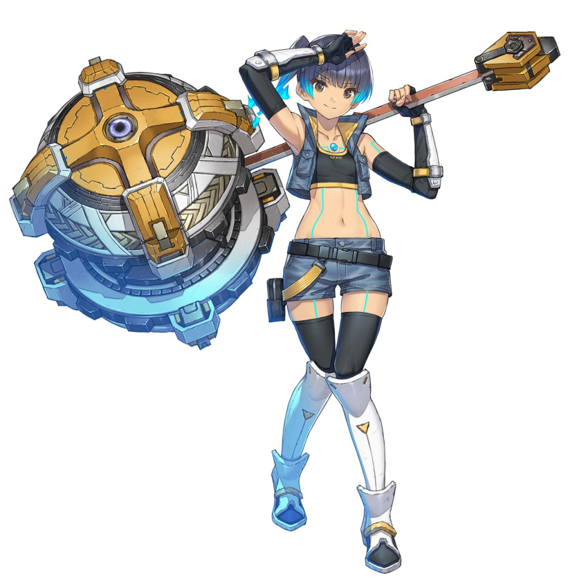 1girl, armor, belt, black_hair, blue_shorts, breasts, brown_eyes, dark-skinned_female
