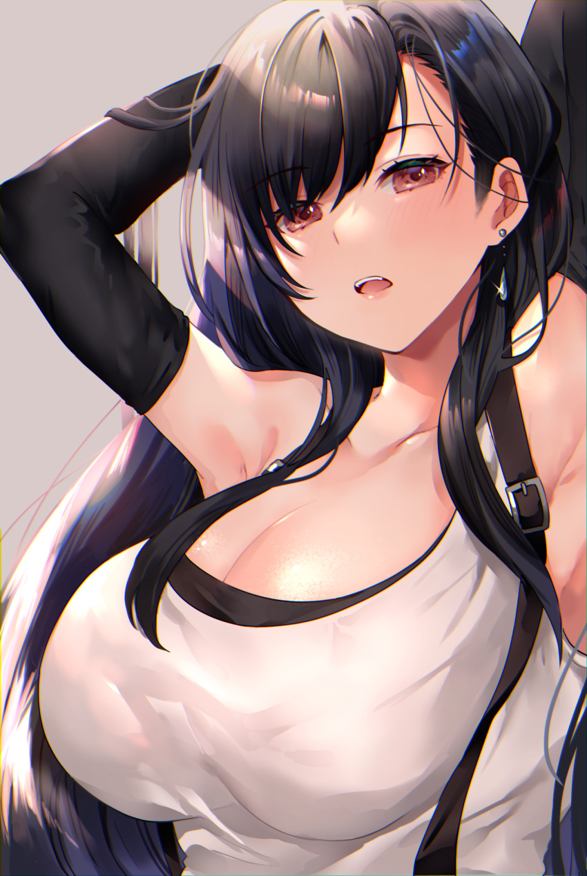 1girl, armpits, arms_up, asada_sadao, bangs, black_gloves, black_hair, breasts